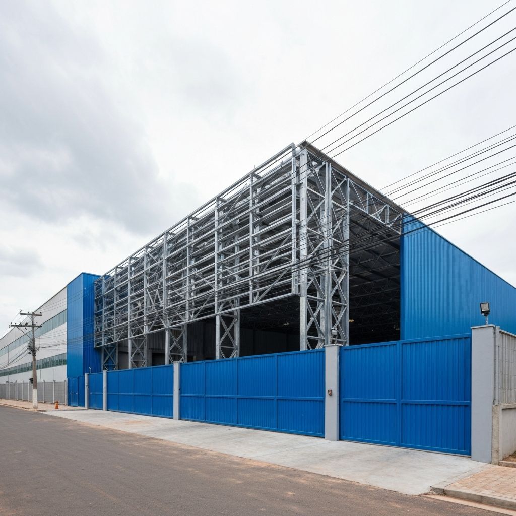 Galpão industrial médio no Brasil com estrutura metálica moderna e portões azuis