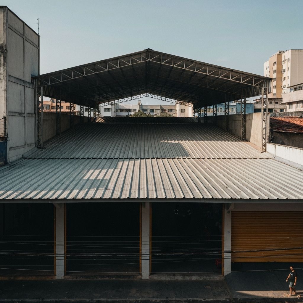 Galpão comercial com fachada simples e telhado metálico em área urbana brasileira