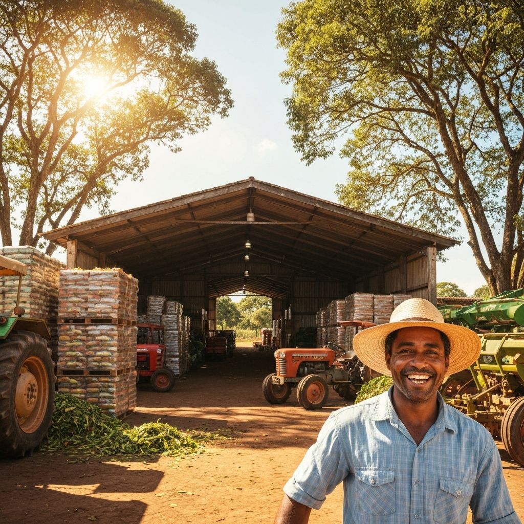 Galpão rural no Brasil com maquinário agrícola e ambiente ensolarado
